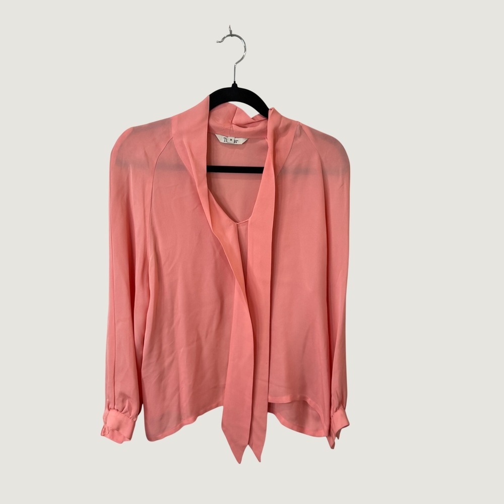 Tucker Womens M Coral Pink Sheer Tie Neck Blouse Poetcore Romantic Boho Flowy